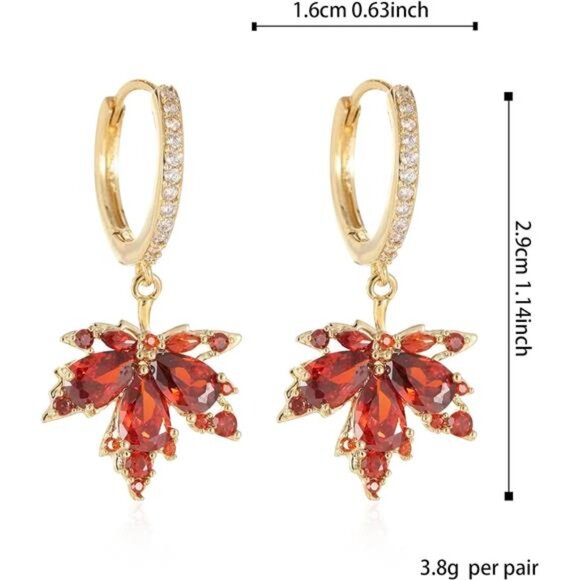 Crystal Maple Leaf Earrings | Sparkly Orange Red Dangle Drops - Picture 4 of 7
